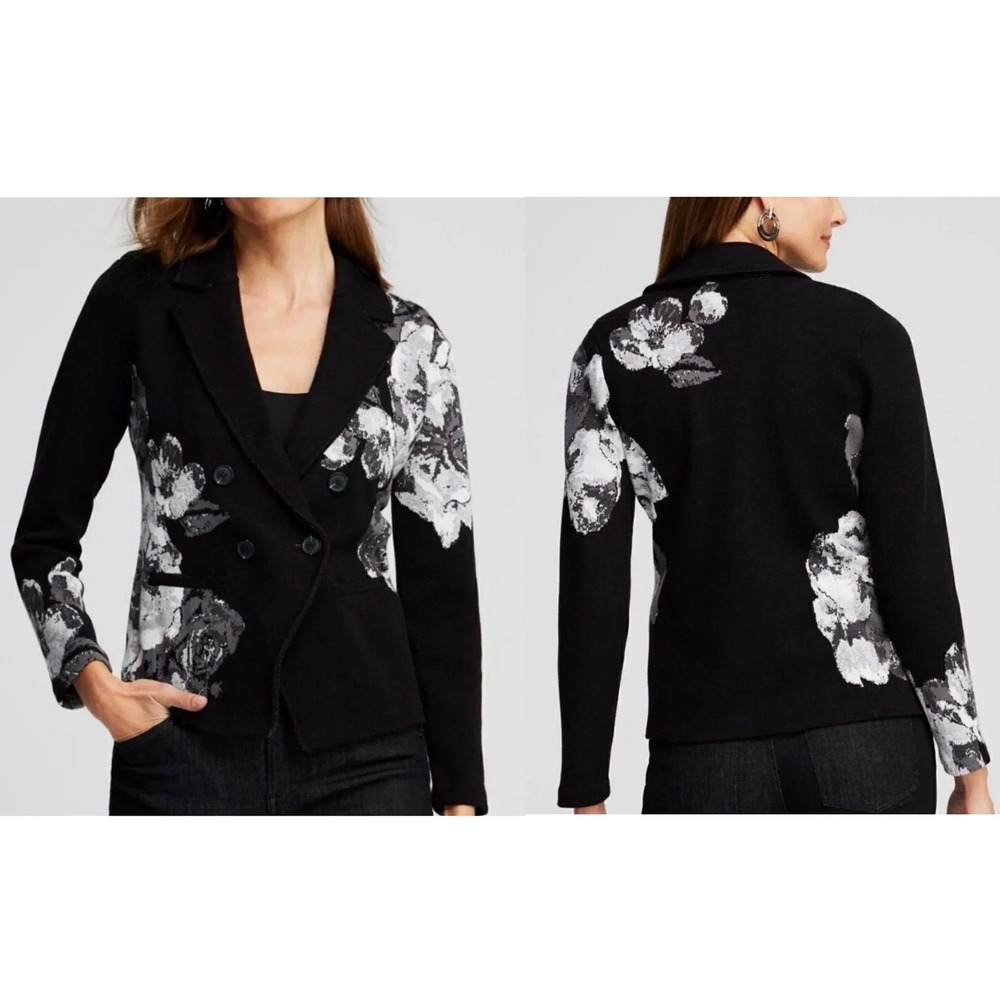 NWT Chico's Sz 1 (M) Graphic Floral Jacquard Sweater Jacket Blk Wht Gry Floral